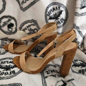 Like New Nude Strappy Cork Block Heel Sandals, Size 9